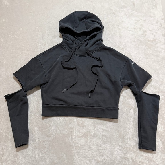 ALO Yoga Tops - Alo Yoga Peak Cut Out Crop Hoodie Women M Black Cropped Relaxed Fit French Terry